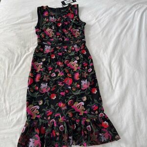 NWT Cynthia Rowley Eve Embroidered Sleeveless Black Midi Dress Pink/Red Floral 6